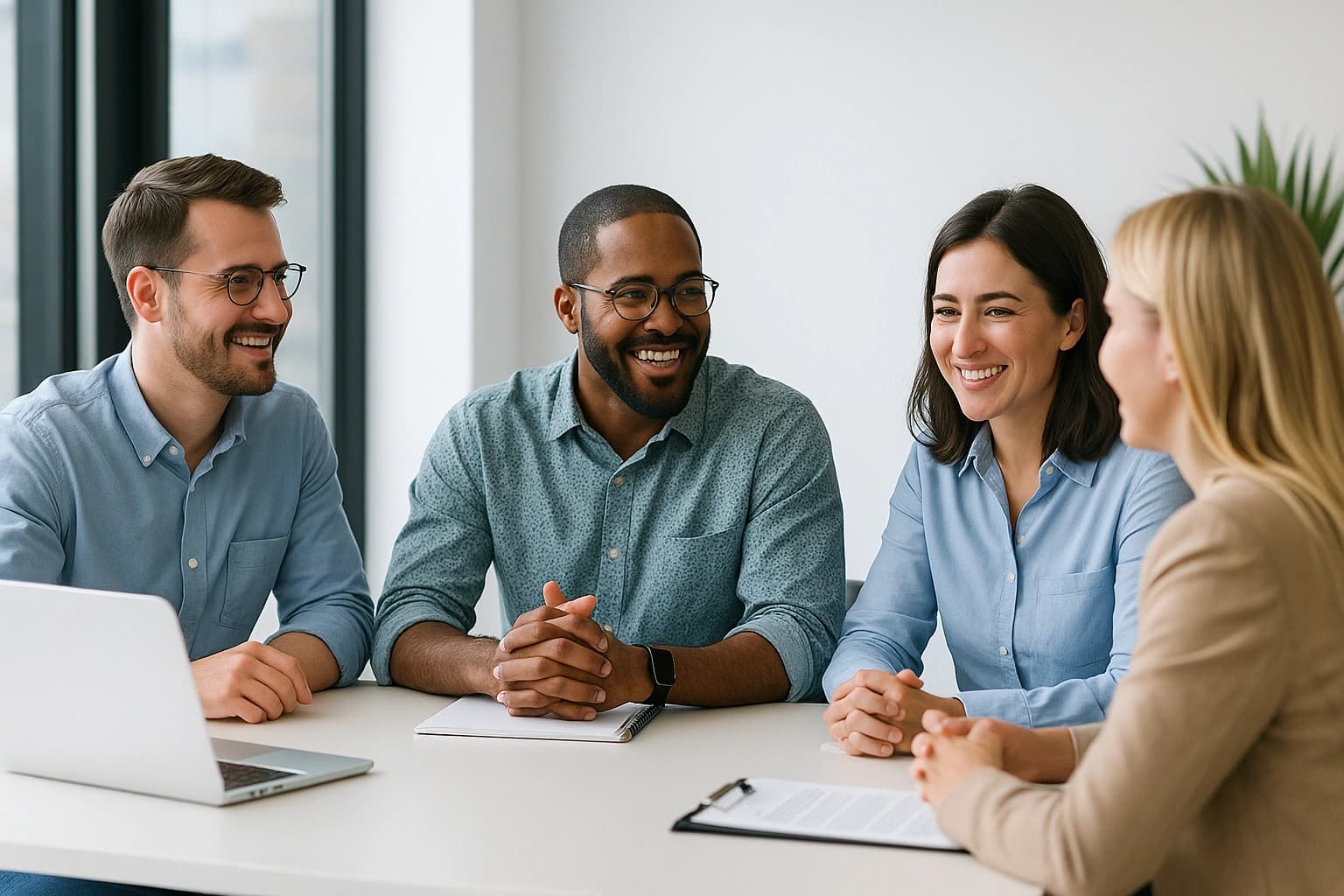 Team members collaborating happily